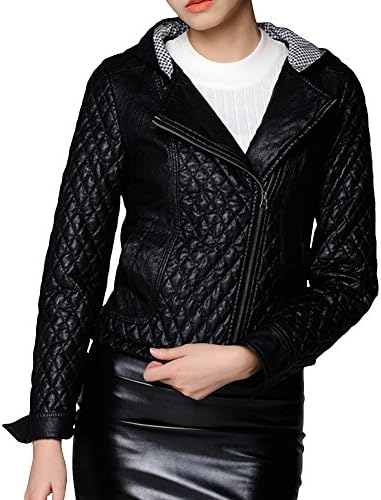Olu Women's Fashion Quilted Leather Cropped Zip Up Moto Jacket with Hood XL Black