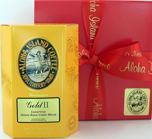 GOLD II (8 oz Whole Bean) Private Estate Luxurious Kona Coffee Blend in Holiday Red Gift... by Aloha Island Coffee Company