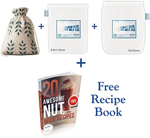 12"x12" and 11.5''x8.5'' Best Quality Nut Milk Bags -Fine Nylon Strainer and Almond Milk Bag - Along With Bonus Recipes and Linen Storage Bag-Large Combo