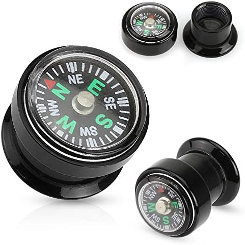 Real Compass Inlayed Black Acrylic Screw Fit Plug - Sold as a pair 0g