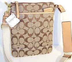 COACH HANDBAGS, COACH HAMPTONS SIGNATURE SWING PACK # 10250 (Khaki Brown / Camel)