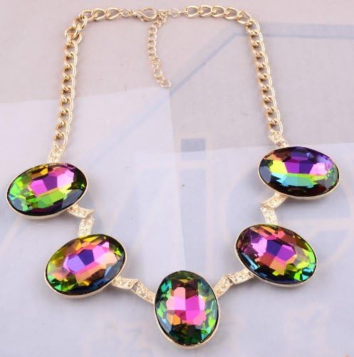 TQ Fashion 2014New Design Lady multi rainbow 5stones crystal heavy bib statement necklace