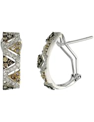 14k White Gold Triangular Pattern French Clip Earrings, w/ 1.00 Carat Brilliant Cut White & Fancy Brown Diamonds, 3/4" (19mm) tall