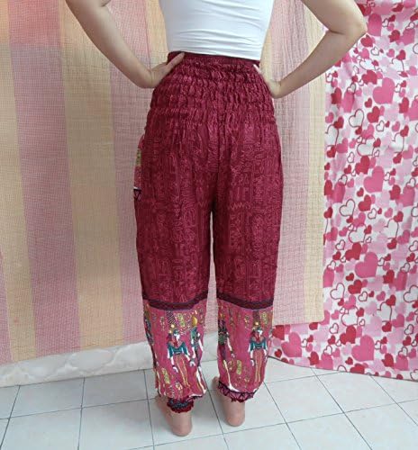 Relax Fit Pants Harem Red Rayon Egypt Print - Stretch Free Size SML , 2 Pockets