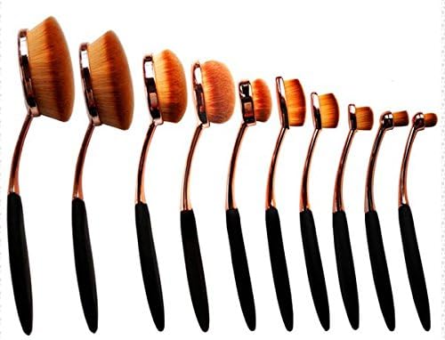 MINOUX 10 pc. Professional Oval Brush Kit - Rose Gold Multipurpose Foundation Powder &amp; Liquid Makeup Brush Set