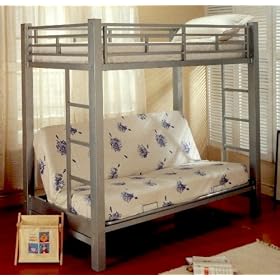 Twin/Full Size Metal Bunk Bed w/Futon Bed In Silver Finish.