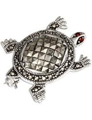 Sterling Silver Marcasite Turtle Pin with Garnet Eyes