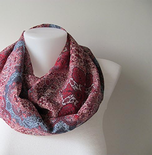 Kilim Pattern Infinity Scarf, Boho Scarf, Red Blue Chiffon Scarf, Women Scarf, Circle Scarf, Fall Winter Spring Summer Fashion, Gift For Her