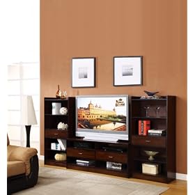Walnut Wood Wall Unit TV Stand Entertainment Center With 2 Bookcase