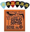 Ernie Ball 2215 Skinny Top Heavy Bottom Slinky Electric Guitar Strings w/ Bonus 6 Pack of LIVE FOR MUSIC Celluloid Picks - Medium