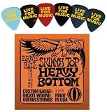 Ernie Ball 2215 Skinny Top Heavy Bottom Slinky Electric Guitar Strings w/ Bonus 6 Pack of LIVE FOR MUSIC Celluloid Picks - Medium