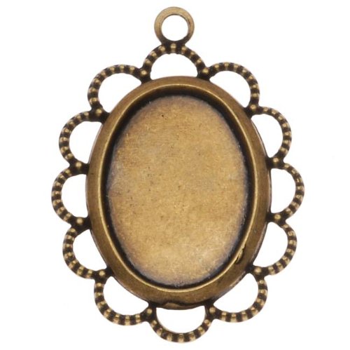 Antiqued Brass Oval Bezel Pendant With Beaded Floral Edge 10x14mm (4)