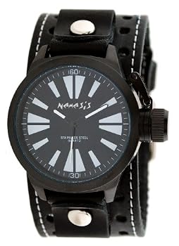 Nemesis #STH064W Men's Black IP Alien Dial Wide Leather Cuff Band Watch