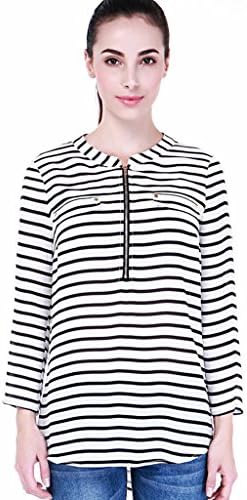Coloroo Women's Roll Up Sleeve Zippert Front Stripe Blouse