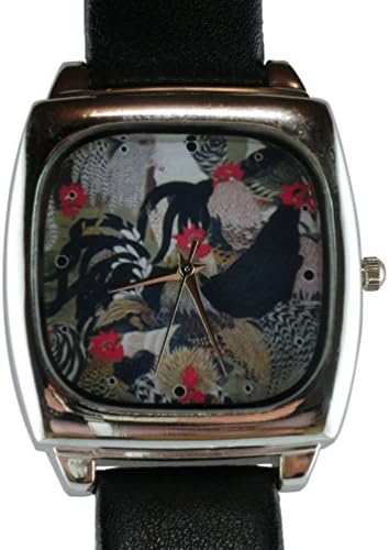 Luxtokey Unisex Ito Jakuchu Roosters Metal Square Case Black Leather Strap Wrist Watch