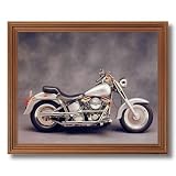 Silver Harley Davidson Fatboy Motorcycle Home Decor Wall Picture Oak Framed Art Print