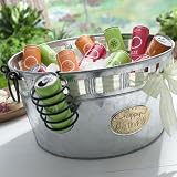 Galvanized Round Beverage Tub with Cutouts and Folding Wrought Iron Stand