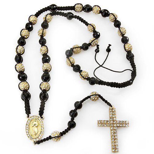 Mens Hip Hop Style 22 Yellow Disco Ball Bead With White Cubic Zirconia & 22 Black Faceted Crystal Beads Adjustable Rosary Chain Necklace
