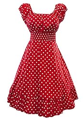 Plus Size Cotton/Spandex Scoop Neck Polka Dot Print Vintage Shirred  Dress