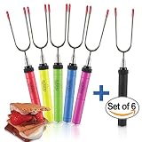 SUMPRI Marshmallow Roasting Sticks -SET OF 6 Smores Skewers Fire Pit Accessories- The ONLY Set With 6 Multicolored Forks-Extra Long 34 Inch Hot Dog & Camping Telescoping Patio & Kids Campfire Cookware