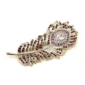 Purple (Dark, Light and Violet) and Clear Austrian Rhinestone Peacock Feather Silver-Plated Brooch Pin
