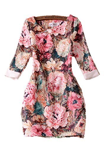 花柄ワンピース パッケージヒップ ペンシルドレス スリム エレガント 大きな花柄 薔薇 ラウンドネック タイト 7分袖 クマのぬいぐるみ付き K-817