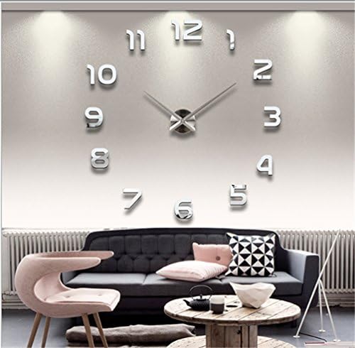 Hongteen Fashion Design DIY 3D Frameless Wall Clock Home Decoration Sticker Room Decor (Arabic numerals, Silver)