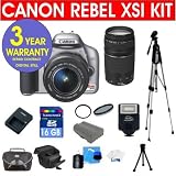 Canon EOS Rebel XSI 450D 12.2 MP Digital Camera (Silver) with Canon EF-S 18-55mm IS Lens + Canon 75-300mm f/4-5.6 Telephoto Zoom Lens + 16 GB Memory Card + Multi-Coated UV Filter (2) + Multi-Coated Polarizer Filter + Digital Slave Flash + 50 Titanium Anodized Tripod + Deluxe Camera Bag + 6 Piece Accessory Kit + 3 Year Warranty Repair Contract