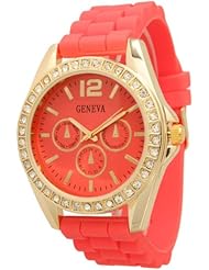 Womens Geneva Rhinestone-accented Chronograph Style Silicone Watch - Coral/Gold