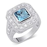 Trendy 1.75 carats total weight Princess Cut Checker Board London Blue Topaz & White CZ Size 7 Gemstone Ring in Sterling Silver