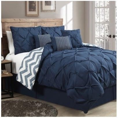 Modern Reversible 7-piece Color Options Comforter Bedding Set Includes Scented Candle Tart (queen-navy)
