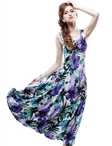 Maxchic Women's Empire Waist Sleeveless Floral Print Swing Maxi Dress C42243S11M,Green,Medium