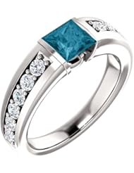 18K White Gold 5.00x5.00mm Princess Cut London Blue Topaz and Diamond Ring -- LIFETIME WARRANTY