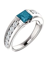 14K White Gold 5.00x5.00mm Princess Cut London Blue Topaz and Diamond Ring -- LIFETIME WARRANTY
