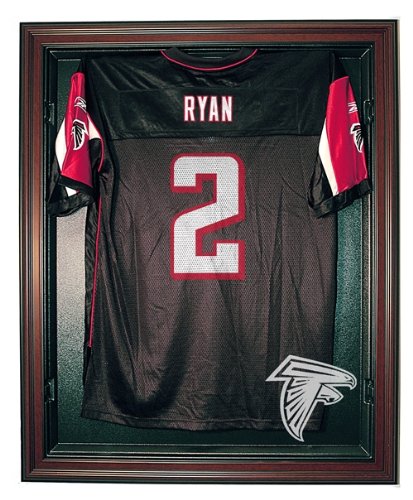 Atlanta Falcons Football Jersey Display Case Cabinet Style with Mahogany Finish Frame