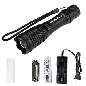 On The Way 2000 Lumen Expedition Handheld Flashlight Led  With  Battery Charger, 18650 2800mAh Rechargeable Battery and Sleeve, AAA Battery Holder