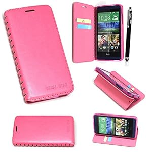 HTC Desire 320 Cutting Edge Premium Pink Book Flip PU Leather Magnetic Wallet Case Cover + Stylus