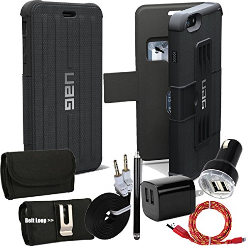 Urban Armor Gear Black Rugged Credit Card, Folio Case for iPhone 6 Plus. Comes with USB cable, Dual USB House Charger, Dual USB Car charger, AUX cable, Stylus Pen and Rugged Horizontal Metal Clip Case that fits your phone with the cover on it.
