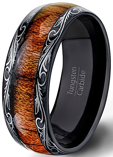 Mens Wedding Band 8mm Black Tungsten Ring Wood Inlay Pattern Dome Comfort Fit