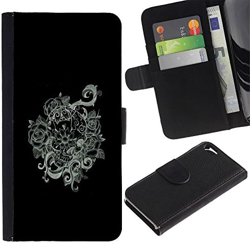 Leather Wallet Case Card Pouch Cover for Apple Iphone 5 / 5S Black Smoke Floral Fog Mystical White / JUSTGO PHONE PROTECTOR