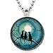 Three Black Cats Silhouette in Teal Moon Handmade Jewelry Art Pendant
