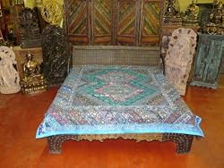 Ethnic Aqua Vintage Sari India Bedspread Coverlet Queen Throw
