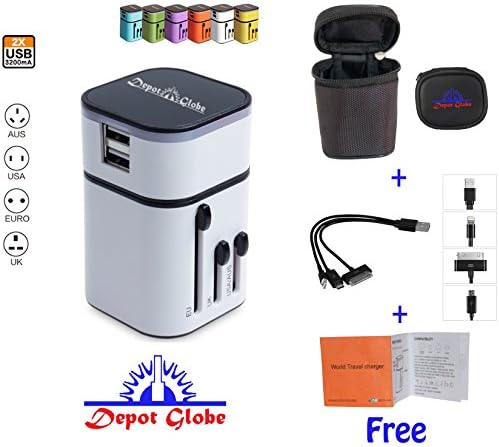 World Travel Adapter USB Charger All in One Safety Universal Wall Plug Dual 3.2A USB (US/UK/EU/AUS) Detachable Port for World Wide and Home Use from Depot Globe 100% GUARANTEE! (White)