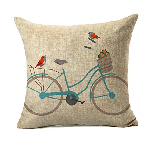 Birds with Bicycle Cotton Linen Square Throw Pillow Cover Decorative Cushion Sham Pillowcase Cushion Case for Sofa 18 x 18 Inch