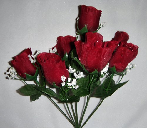 7 Silk Rose Flowers w/Raindrops - Wedding Flowers - Bridal/Floral - Burgundy