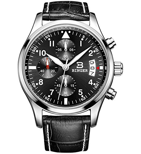 BINGER Mens Fashion Casual Quartz Military Wrist Watch with Colour Black Leather Strap