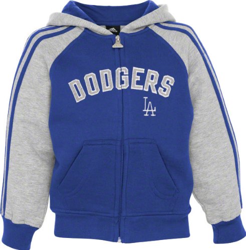 adidas L.A. Dodgers Youth Royal Blue-Ash 3-Stripe Raglan Full Zip Hoody Sweatshirt (Small)