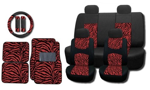 New and Exclusive Mesh Animal Print Interior Set Red Zebra 15pc Seat Covers Front & Back Lowback, Back Bench, Steering Wheel & Seat Belt Covers - Floor Mats