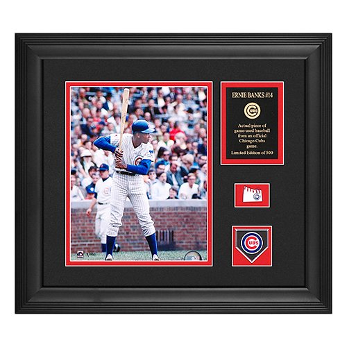 Chicago Cubs Ernie Banks Framed 8X10 Photo With Game-Used Baseball Piece & Medallion By Mounted Memories