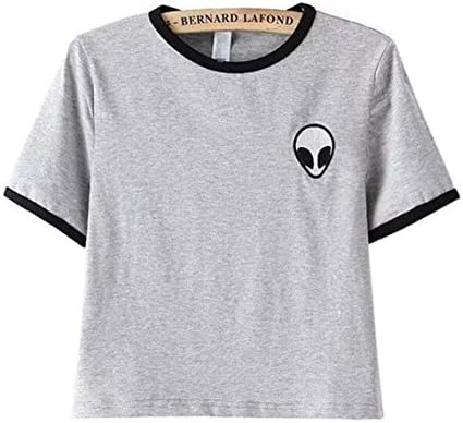 KKWFlus Teen Girls Crop Top Alien T-shirts Women Casual Short Sleeves Tee,Grey Asia XL = US L